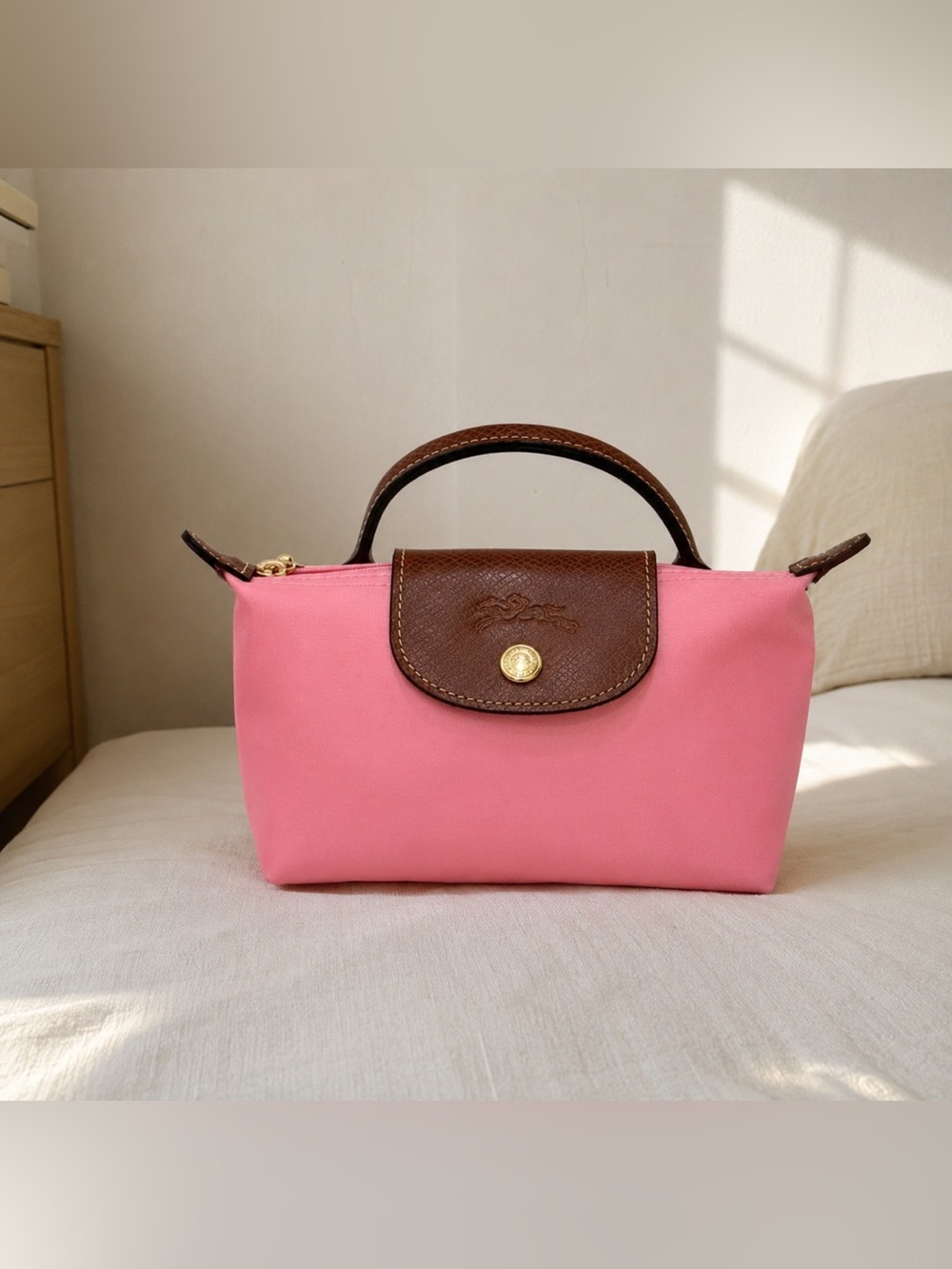 Longchamp Pink Cosmetic Pouch with Brown Trim